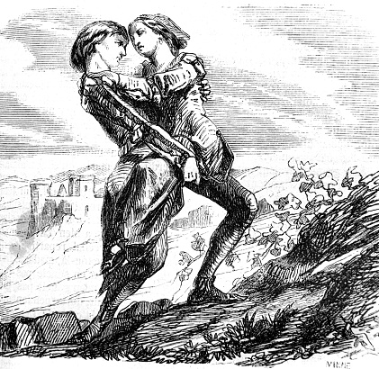 A young man carries a girl in the old book the Encyclopediana D'Anecdotes, by Laisne, 1857, Paris