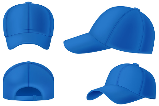 Set of blue baseball caps isolated on white background. Photo- realistic vector illustration.