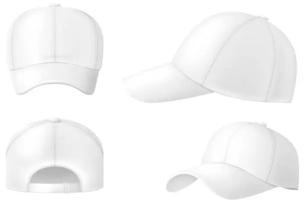 Vector illustration of Set of white baseball caps isolated on white background. Vector illustration.