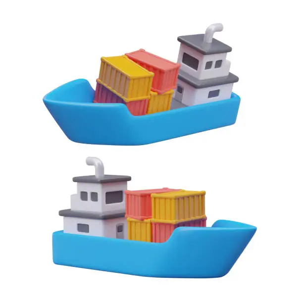 Vector illustration of Collection with cargo boats in different positions. Ship transports different containers