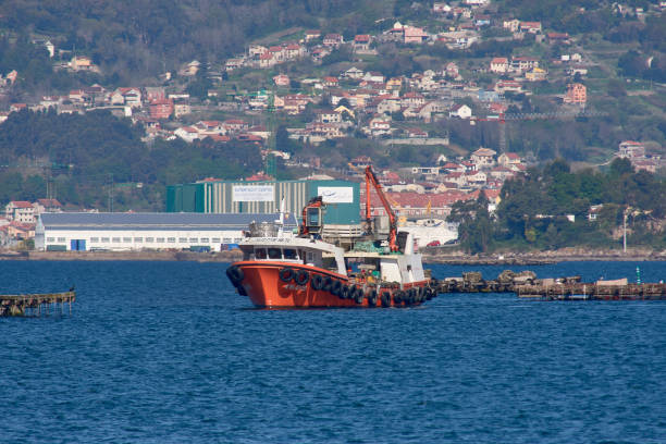 Vigo, Pontevedra, Spain; March, 22, 2021; Vigo, Pontevedra, Spain; March, 22, 202; The mussel boats work moored to the mussel farms, lifting the ropes with their cranes.
