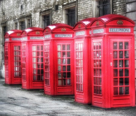 Five Telephone Booths of United Kingdom Culture, Red Wooden Window Boxes Next to Rock Wall in London, Historical Artifact of History Use as Decor