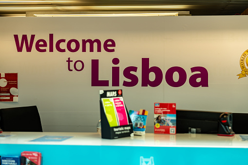 Lisbon, Portugal - October 5, 2023: Welcome to Lisbon sign in arrive area of Humberto Delgado Airport, Lisbon, Portugal. 
Aeroporto Humberto Delgado Lisboa.