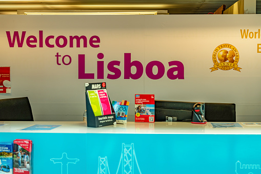 Lisbon, Portugal - October 5, 2023: Welcome to Lisbon sign in arrive area of Humberto Delgado Airport, Lisbon, Portugal. \nAeroporto Humberto Delgado Lisboa.