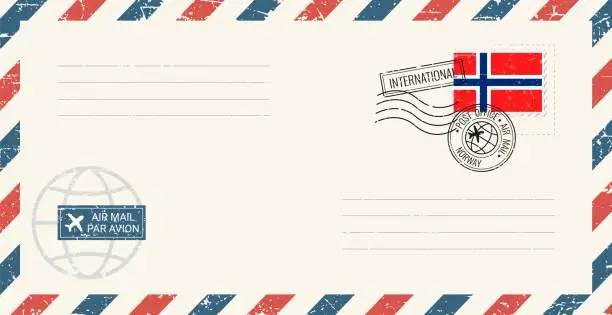 Vector illustration of Blank air mail grunge envelope with Norway postage stamp. Vintage postcard vector illustration with Norwegian national flag isolated on white background. Retro style.