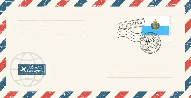 Vector illustration of Blank air mail grunge envelope with San Marino postage stamp. Vintage postcard vector illustration with San Marino national flag isolated on white background. Retro style.