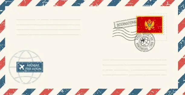 Vector illustration of Blank air mail grunge envelope with Montenegro postage stamp. Vintage postcard vector illustration with Montenegrin national flag isolated on white background. Retro style.