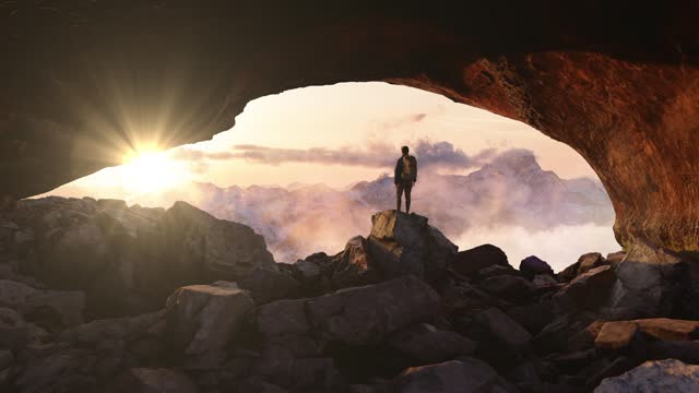 Adventurous Man Hiker standing in a cave with dramatic cloud and snowy mountain view. Adventure Composite. 3d Rendering Peak. Aerial Image of landscape from British Columbia, Canada. Sunset, Sunrise.