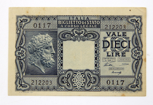 Lire Banconote. Italian Vintage Bill on white background.