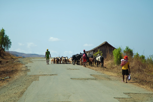 Antsirabe, Madagascar 19 october 2023. Road from Morondava to Antsirabe through empty grassland and village in central Madagascar