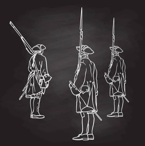 French Army Soldiers 1700s Blackboard French soldiers from the 1700s standing at attention. Rear view. palace of versailles stock illustrations