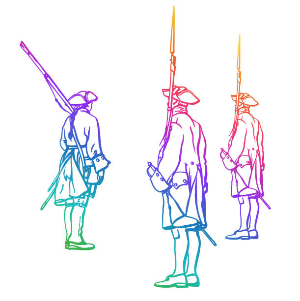 French Army Soldiers 1700s Rainbow French soldiers from the 1700s standing at attention. Rear view. palace of versailles stock illustrations