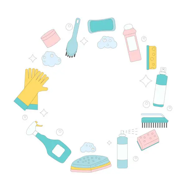 Vector illustration of Cleaning tools round frame isolated. Vector Wash home equipment round composition. Soap foam, gloves and brushes with bottles