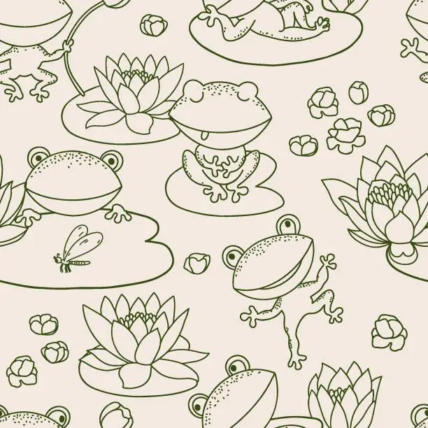 Vector illustration of Little frogs outline on beige background. Hand drawn cartoon style seamless pattern