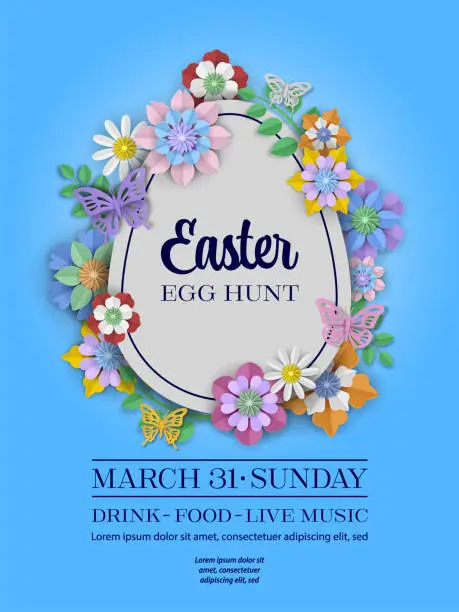 Vector illustration of easter egg hunt poster with egg shaped label with paper flowers and butterflies