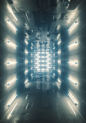 Empty futuristic illuminated corridor. 3D generated image.