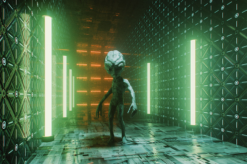 Alien walking in futuristic illuminated corridor. 3D generated image.
