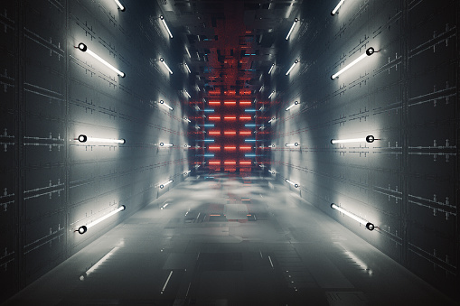 Empty futuristic illuminated corridor. 3D generated image.