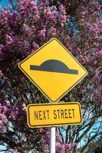 A yellow speed bump sign displayed in front of a blooming crepe myrtle