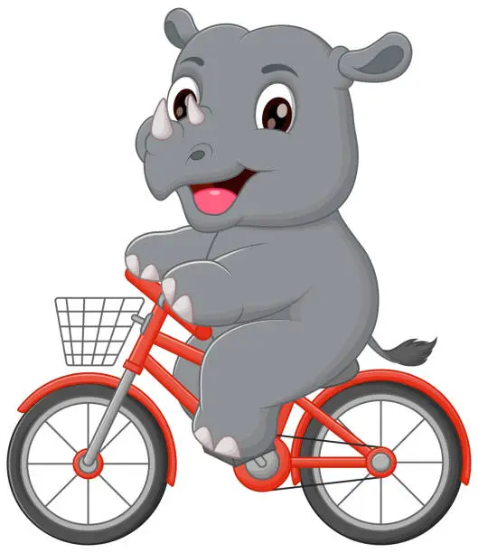 Vector illustration of Cute Rhinoceros Riding Bicycle Cartoon Vector Icon Illustration. Animal Sport Icon Concept Isolated Premium Vector