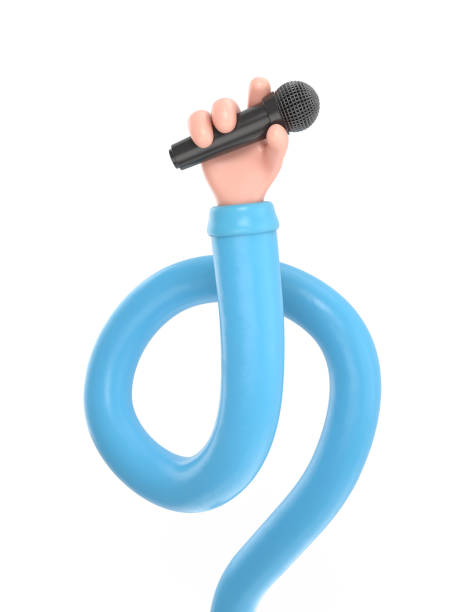 istock Cartoon Gesture Icon Mockup.Cartoon hand holding microphone.3D rendering on white background.long arms concept. 2046708294