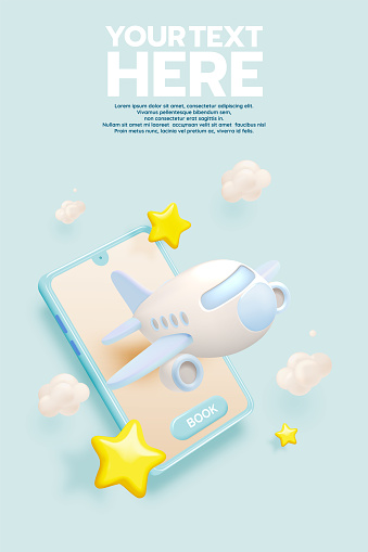 A smartphone advertisement design featuring a 3D airplane and clouds, inviting users to book their flights with a simple tap