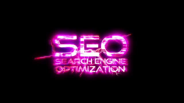 SEO glow pink neon abstract Lightning glitch text animation on black abstract background