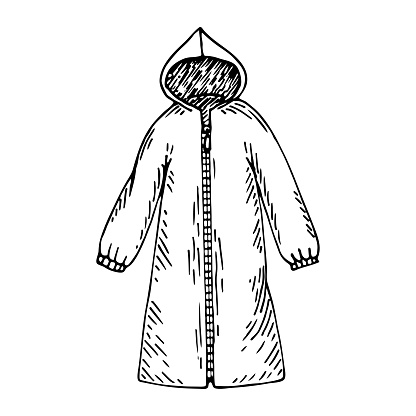 Raincoat sketch. Cloak with hood. Clothing protection from rain. Hand drawn illustration.