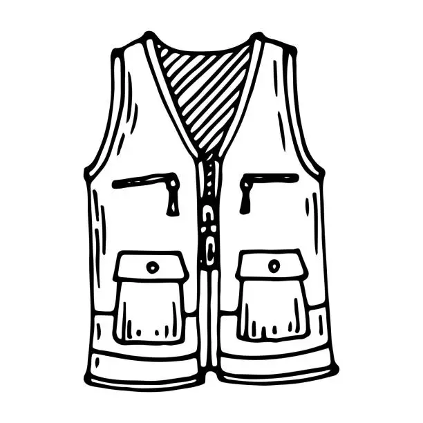 Vector illustration of Vest with pockets sketch. Piece clothing. Hand drawn illustration.