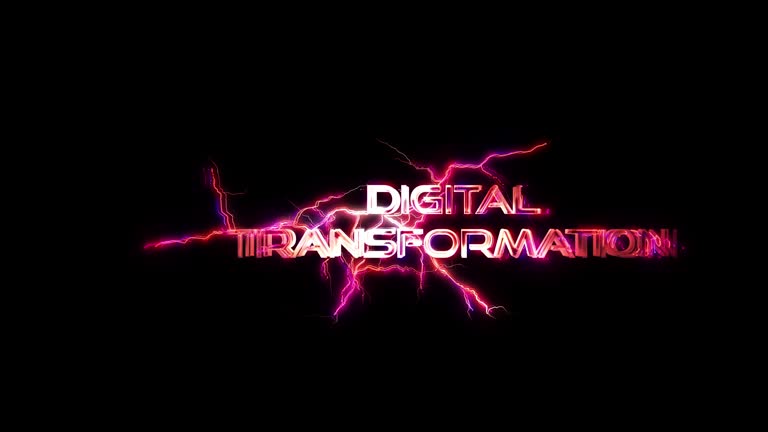 Digital Transformation glow pink neon abstract lightning glitch text animation on black abstract background