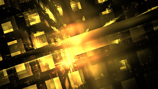Fiery explosion of digital architecture in a dazzling display of gold and amber. 3d render
