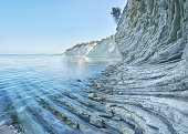 Sea Coast of Gelendzhik, Russia, landscape of chalk cliffs and turquoise waters, scenic beauty. Rugged limestone cliffs contrast with the clear blue sky. Paradise destination, perfect sea