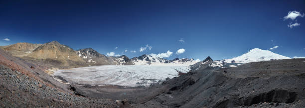 istock Expansive glacier sweeps across a mountainous landscape under a clear blue sky, panoramic view. Mountain valley landscape 2046740362