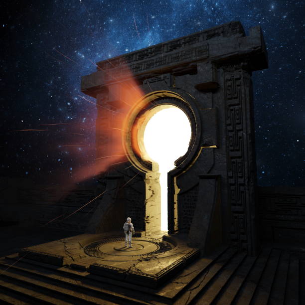 istock Astronaut facing an ancient portal emitting a bright light against the cosmic backdrop of stars.Cosmonaut and stargate doorway. 3d render 2046740386