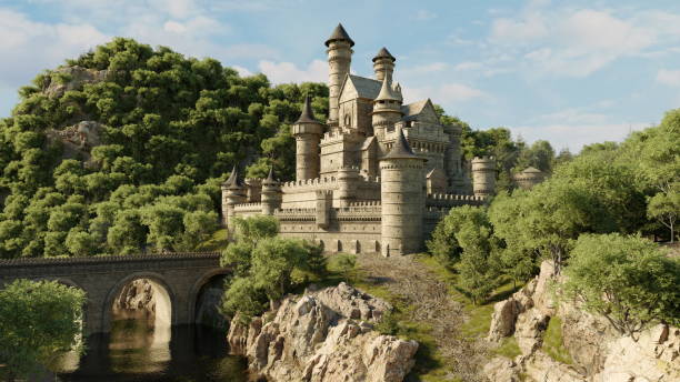 istock Elaborate castle with spires and turrets perched atop a cliff, a bridge spanning over water, encircled by lush trees. 3d render 2046740389