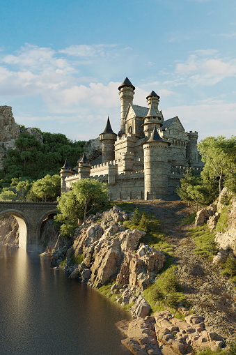 Castle by placid lake, with towers rising amid verdant foliage. Majestic stone castle with multiple conical towers, nestled on a rocky hillside surrounded by lush greenery under clear sky. 3d render