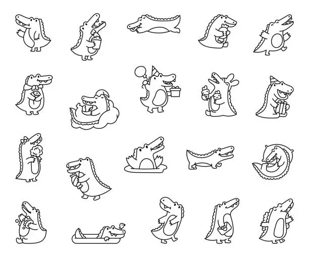 Vector illustration of Cute crocodile character engaged in different activity. Coloring Page. Funny adorable cartoon animal. Hand drawn style. Vector drawing. Collection of design elements.