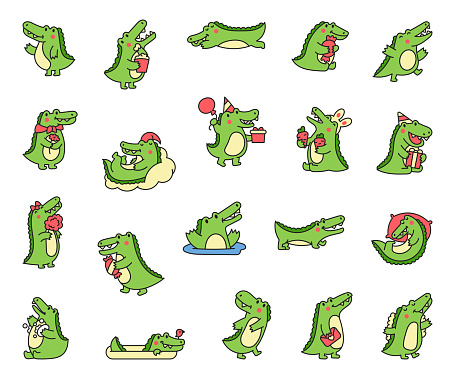 Cute crocodile character engaged in different activity. Funny adorable cartoon animal. Hand drawn style. Vector drawing. Collection of design elements.