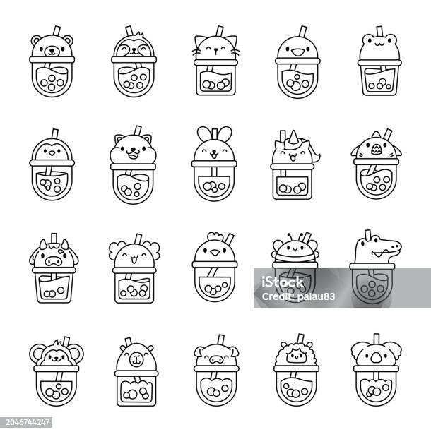 Matcha Colouring In Matcha Bubble Tea With Animal Faces Coloring Page Boba Beverage Hand ...