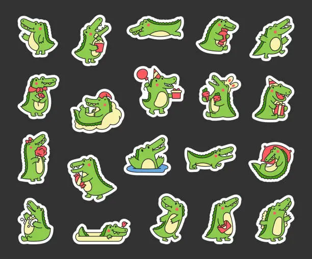 Vector illustration of Cute crocodile character engaged in different activity. Sticker Bookmark. Funny adorable cartoon animal. Hand drawn style. Vector drawing. Collection of design elements.