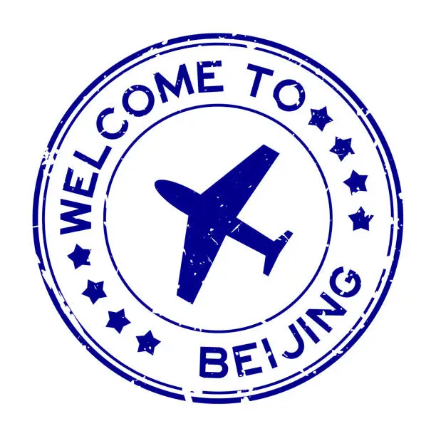 Vector illustration of Grunge blue welcome to beijing with airplane icon round rubber seal stamp on white background