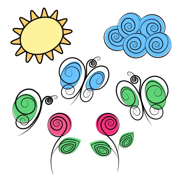 Vector illustration of Sun, spiral cloud, butterflies and blooming roses in trendy marker hues. Ser of 7 stylized elements