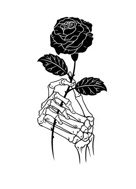 Vector illustration of Hand Bone Holding a Black Rose Isolated