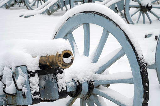 Cannons covered with snow at Artillery Park in Valley Forge National Historic Park, King of Prussia, Pennsylvania, USA