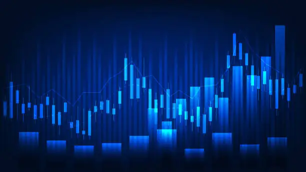 Vector illustration of economy growth and finance concept. stock market graph with bar chart on blue background