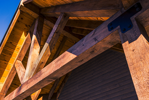 Detail of cedar beams in timberframe construction