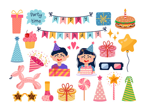 Birthday celebration vector set. Cute smiling boy and girl with a cake, gift. Festive elements - firecracker, balloon, funny glasses, garland, party hat. Surprise for a kid, happy holiday. Cartoon art
