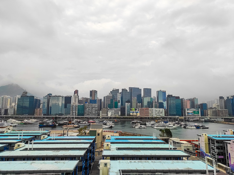 Hong Kong, February 18, 2024: Kai tak Cruise Hong Kong terminal park with clear sky background.