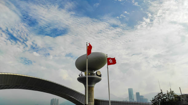 Hong Kong, February 18,2024 : Kai tak Cruise terminal park, Chinese and Hong Kong flags with sky background.