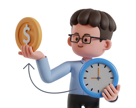 3D man character holding a coin and a watch. Set hourly rates for freelance work